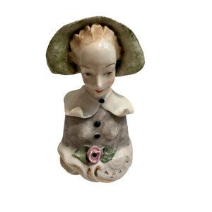 Vintage Porcelain Figurine Of Woman In Bonnet Holding Pink Rose